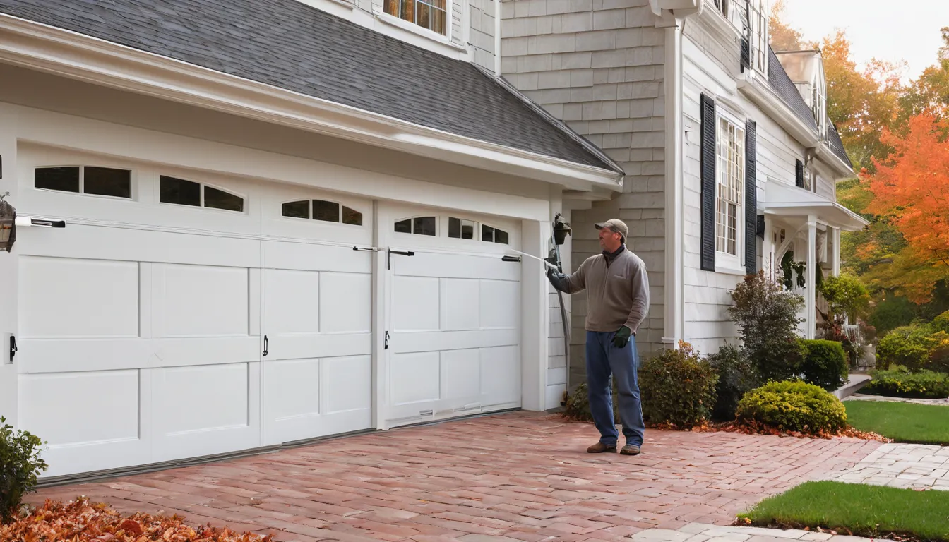 A local provider fitting a new insulated garage door on a colonial home in Fairfax