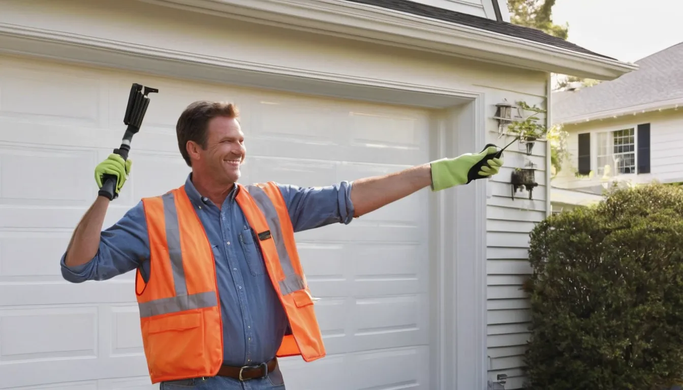 A local garage door provider checking a torsion spring above a residential garage door in Fairfax